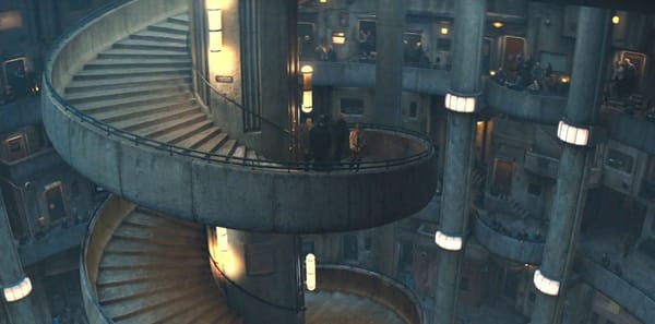 An image of a large spiral staircase, surrounded by various levels of an underground city.